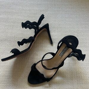 Prada Black Scalloped Heels Suede Strappy Womens 9.5 IT 39.5